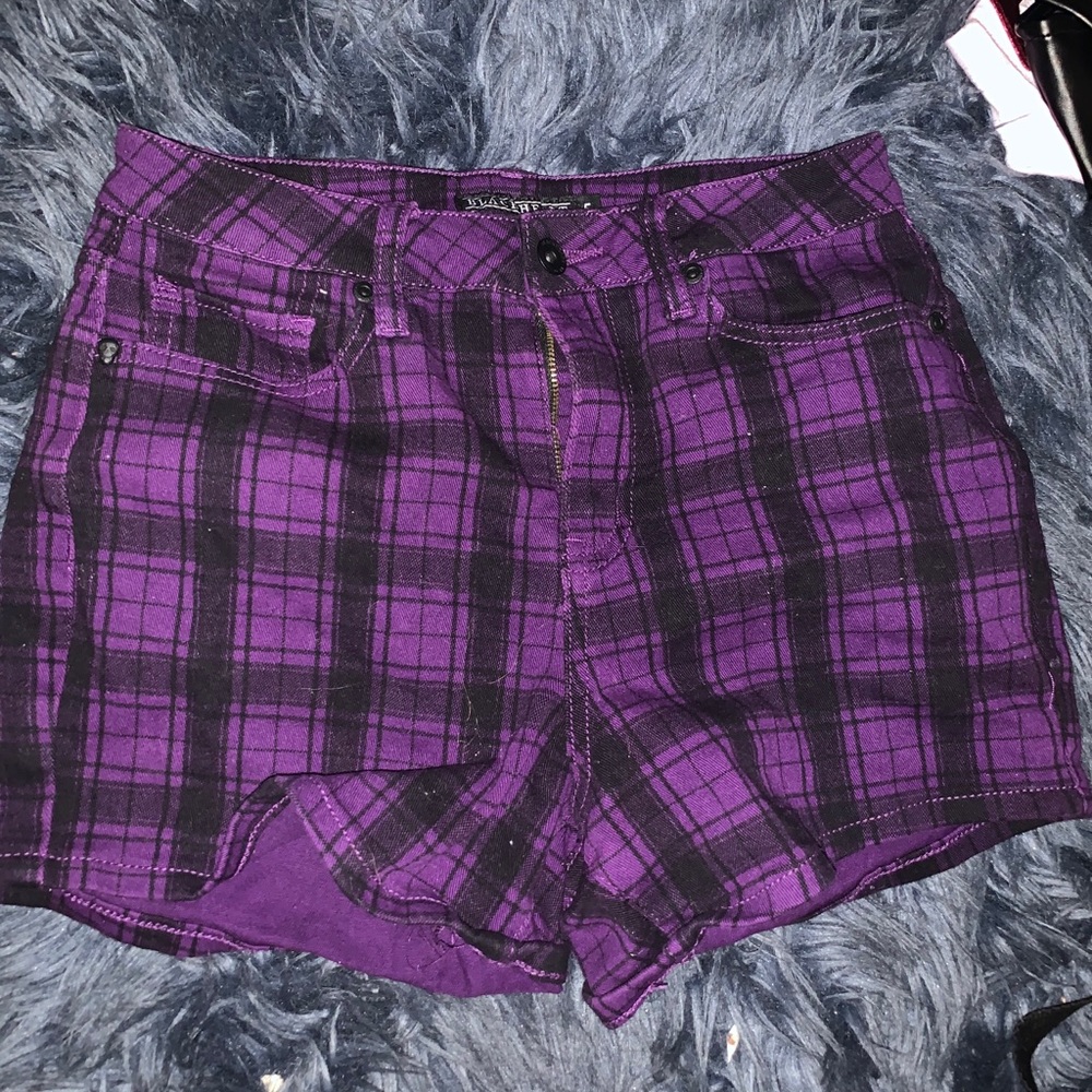 Black and purple plaid high waisted shorts